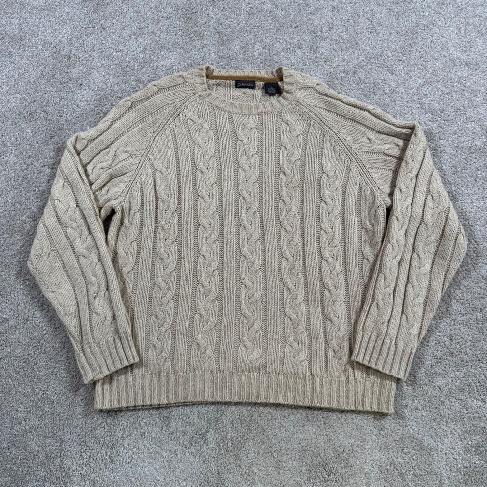 St. John's Bay Mens XL Beige Cable Knit Wool Blend Crewneck Sweater Raglan